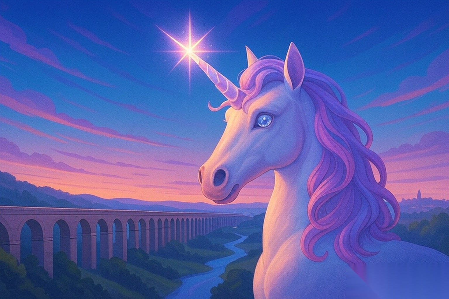 UnicornIA - Unicórnio mágico ao pôr do sol